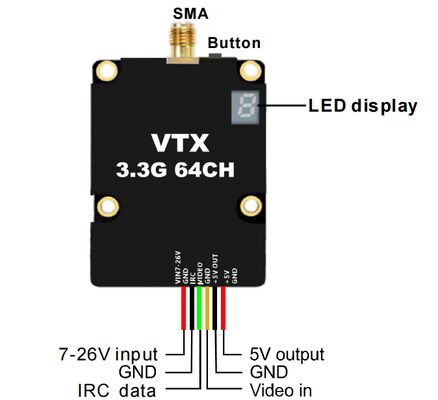 3Transmissor de vídeo analógico de longo alcance de.3GHz 4W 64CH VTX para transmissão de imagem sem fio estável